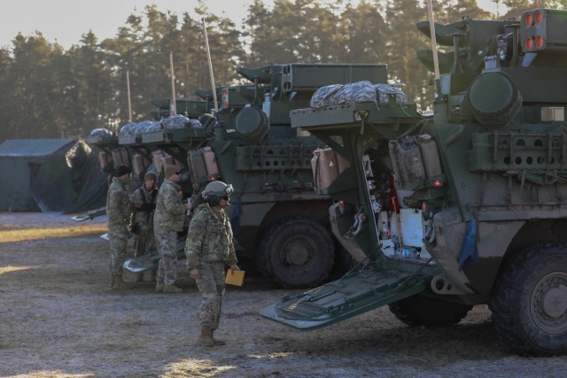 U.S. soldiers assigned to 5th Battalion, 4th Air Defense Artillery Regiment prepare maneuver short-range air-defense platform prototypes during a training exercise in BPTA, Poland, Feb. 24, 2022.