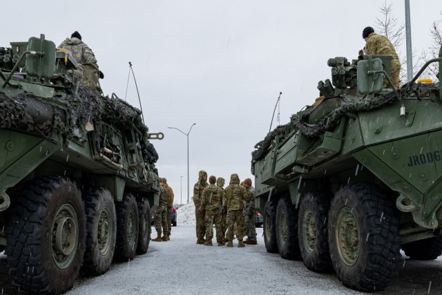 Joint forces attend U.S. Stryker armored vehicle familiarization training during Joint Exercise Arctic Eagle-Patriot at Anchorage, Alaska, Feb. 24, 2022. The exercise increases the National Guard’s capacity to operate in austere, extreme cold-weather environments across Alaska and the Arctic region. (U.S. Air National Guard photo by Tech. Sgt. Jeff Rice)