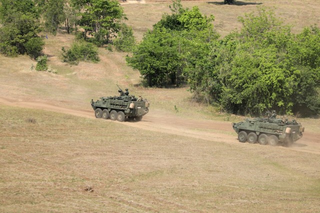 Members of the 112th Infantry Regiment, Royal Thai Army, begin their movement into the dry fire exercise on M1129 Stryker mortar systems as part of Cobra Gold 2022 in the Lopburi Province of the Kingdom of Thailand, Feb. 26, 2022. CG 22 is the 41st iteration of the international training exercise that supports readiness and emphasizes coordination on civic action, humanitarian assistance, and disaster relief. From Feb. 22 through March 4, 2022, this annual event taking place at various locations throughout the Kingdom of Thailand increases the capability, capacity, and interoperability of partnered nations while simultaneously reinforcing our commitment to a free and open Indo-Pacific. (U.S. Army photo by Spc. Andrew Mendoza)