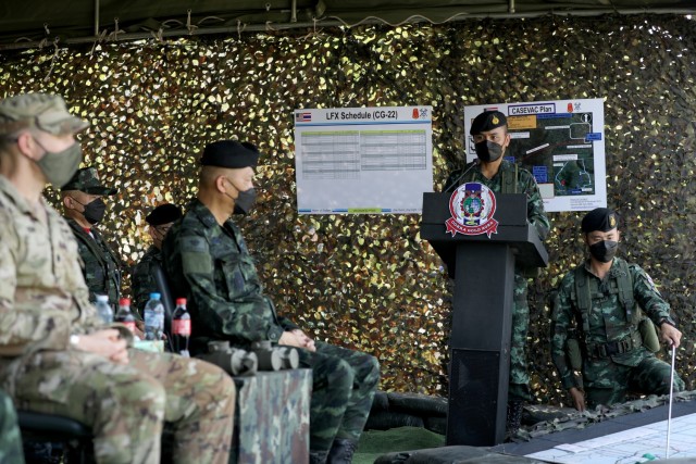 U.S. Army Lt. Col. Duke Reim (left), the commander of the 4th Battalion, 23rd Infantry Regiment, 2nd Stryker Brigade Combat Team, 7th Infantry Division and Royal Thai Armed Forces Deputy Chief of Defense Forces Gen. Supachok Thawatperachai (left...