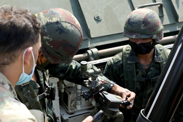 Members of the 112th Infantry Regiment, Royal Thai Army, conduct elevation preparation training on the M1129 Stryker Mortar system as part of Cobra Gold 2022 in the Lopburi Province of the Kingdom of Thailand, Feb. 26, 2022. CG 22 is the 41st iteration of the international training exercise that supports readiness and emphasizes coordination on civic action, humanitarian assistance, and disaster relief. From Feb. 22 through March 4, 2022, this annual event taking place at various locations throughout the Kingdom of Thailand increases the capability, capacity, and interoperability of partnered nations while simultaneously reinforcing our commitment to a free and open Indo-Pacific. (U.S. Army photo by Spc. Andrew Mendoza)