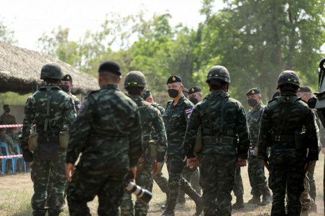 Royal Thai Armed Forces Deputy Chief of Defense Forces Gen. Supachok Thawatperachai (center), inspects the members of the 112th Infantry Regiment, Royal Thai Army, as part of Cobra Gold 2022 in the Lopburi Province of the Kingdom of Thailand, Feb. 26, 2022. CG 22 is the 41st iteration of the international training exercise that supports readiness and emphasizes coordination on civic action, humanitarian assistance, and disaster relief. From Feb. 22 through March 4, 2022, this annual event taking place at various locations throughout the Kingdom of Thailand increases the capability, capacity, and interoperability of partnered nations while simultaneously reinforcing our commitment to a free and open Indo-Pacific. (U.S. Army photo by Spc. Andrew Mendoza)