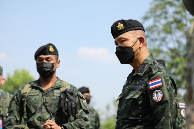 Royal Thai Armed Forces Deputy Chief of Defense Forces Gen. Supachok Thawatperachai (right), inspects the members of the 112th Infantry Regiment, Royal Thai Army as part of Cobra Gold 2022 in the Lopburi Province of the Kingdom of Thailand, Feb. 28, 2022. CG 22 is the 41st iteration of the international training exercise that supports readiness and emphasizes coordination on civic action, humanitarian assistance, and disaster relief. From Feb. 22 through March 4, 2022, this annual event taking place at various locations throughout the Kingdom of Thailand increases the capability, capacity, and interoperability of partnered nations while simultaneously reinforcing our commitment to a free and open Indo-Pacific. (U.S. Army photo by Spc. Andrew Mendoza)