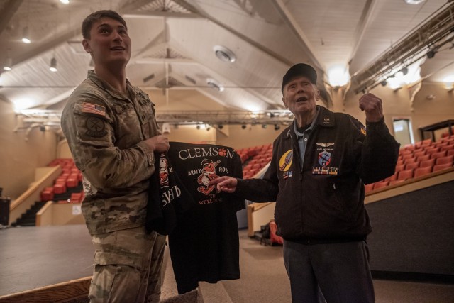 ROTC cadet Morgan Davis with WWII hero Dick Nelms