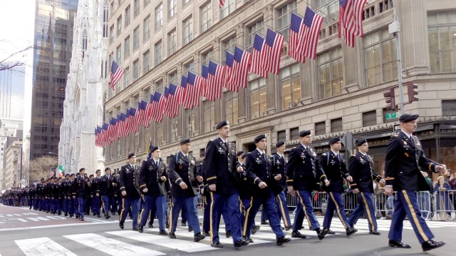 New York Army National Guard Soldiers of the 1st Battalion, 69th Infantry, march in the St. Patrick's Day Parade in New York March 16, 2019. The battalion traditionally leads the world's largest St. Patrick's Day Parade. ( U.S. Army...