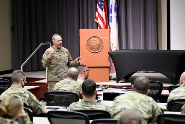 Combined Arms Center-Training Deputy Commanding General Brig. Gen. Charles Lombardo addresses students attending the School for Command Preparation’s Brigade Tactical Commanders Development Course in DePuy Auditorium, Fort Leavenworth, Kan., March 4, 2022. BTCDC is mandatory for brigade command selectees of tactical units. Photo by Tisha Swart-Entwistle, Combined Arms Center-Training Public Affairs.