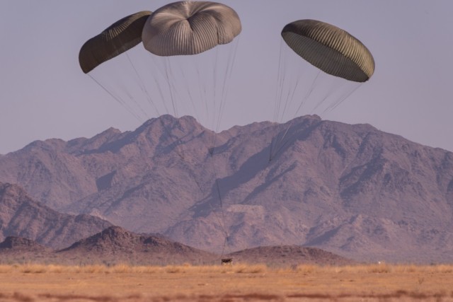 The ATAX airdrop system was tested at the U.S. Army Yuma Test Center between November 2020 and May 2021. The DEVCOM Soldier Center team used ballast weight for the first three airdrop tests and a High-Mobility Multipurpose Wheeled Vehicle for the fourth test. 