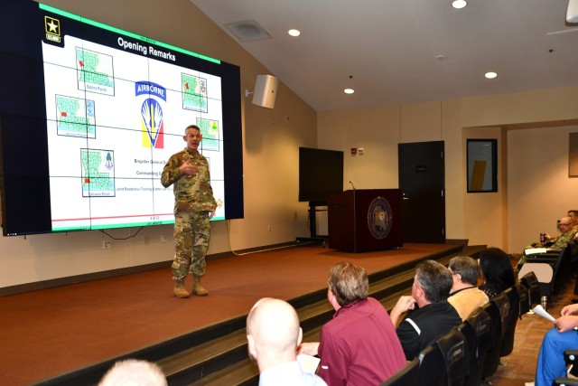 Brig. Gen. David S. Doyle, JRTC and Fort Polk commanding general, welcomes those attending the MEDEVAC Conference held March 3.