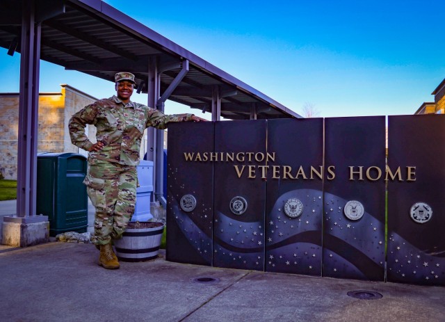 Air Force Capt. Geneva Hoskins-Dorsey, 194th Medical Group, Washington Air National Guard, at the Veterans Home in Port Orchard, Washington, March 9, 2022. Hoskins-Dorsey was the officer in charge of the Port Orchard facility as members of her...