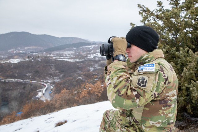 U.S. Army Spc. Timothy Clark, Alpha Troop, 1st Squadron, 172nd Cavalry Regiment Mountain, Maneuver Battalion, Kosovo Force Regional Command-East, patrols near Gate 1 Jarinje in Kosovo, Feb. 3, 2022. Commanders use scout data to inform decisions...