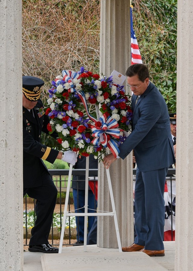 Brig. Gen. Warner A. Ross II, Tennessee National Guard’s Assistant Adjutant General – Army, and Cameron Sexton, Tennessee House Speaker, place a commemorative wreath on President Andrew Jackson’s tomb, March 15, at Jackson’s home, The...