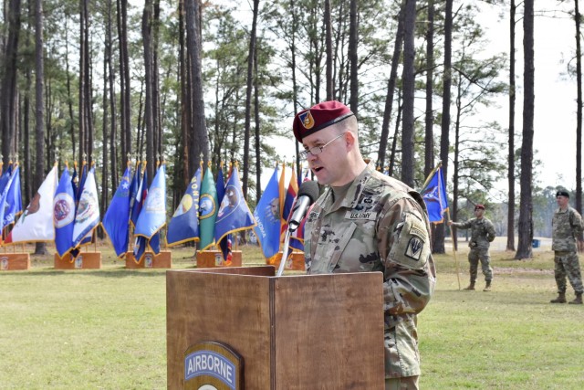 Command Sgt. Major Michael Henry speaks at his Relinquishment of Responsibility ceremony, held on Warrior Field March 3.