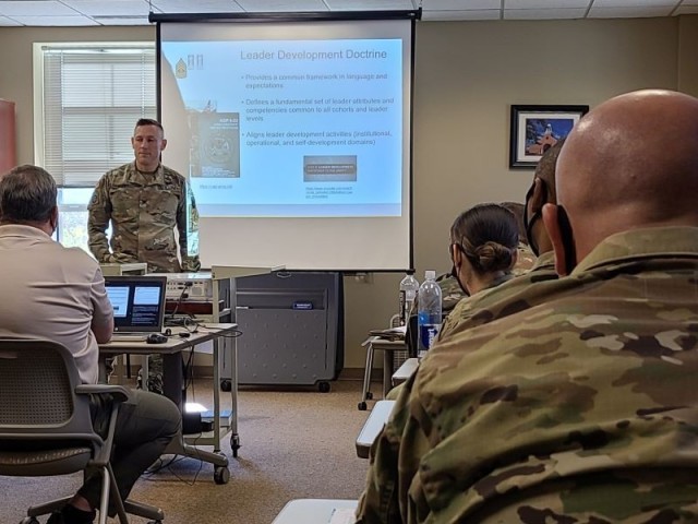 Col. Patrick Roddy, commander of the 3d U.S. Infantry Regiment (The Old Guard) speaks to a group of Soldiers during a pre-command course in 2021. The U.S. Army Military District of Washington will conduct a Company Commander and First Sergeant Pre-Command Course to prepare company-level command teams for company command in the National Capital Region April 25-29, 2022, at National Defense University on Fort Lesley J. McNair.