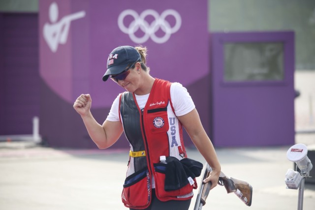 Army Reserve 1st Lt. Amber English reacts to winning gold in women’s skeet at the 2020 Summer Olympic Games in Tokyo, July 26, 2021. English set a new Olympic record of 56 hits out of 60 in what was her first Olympic appearance. She is a member of the U.S. Army World Class Athlete Program and the U.S. Army Marksmanship Unit.