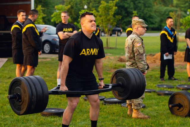 A U.S. Army noncommissioned officer deadlifts 340 pounds May 17, 2019, while participating in Army Combat Fitness Test Level II Grader validation training held at Fort George G. Meade, Maryland. ACFT grader validation training is necessary to teach and coach the new fitness test. (U.S. Army Photo by Sgt. 1st Class Osvaldo Equite/Released)