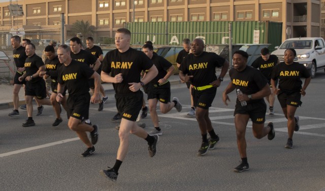 U.S. Army Soldiers begin the 2-mile run, the last event for the Army Combat Fitness Test, March 19, 2021, Camp Arifjan Kuwait. The run event measures aerobic endurance, which is required for conducting continuous operations and ground movements on foot. (U.S. Army photo by Pfc. Juan Carlos Izquierdo, ARCENT Public Affairs)