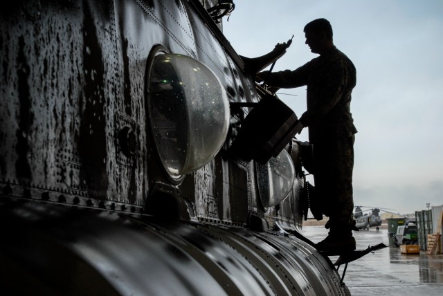 Chinook inspection in a silhouette