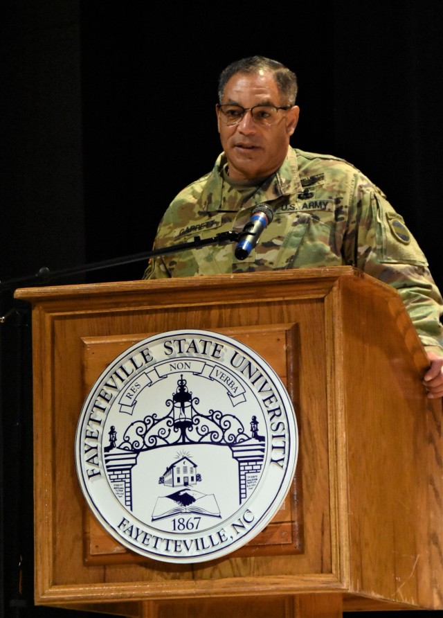 Gen. Michael X. Garrett, U.S. Army Forces Command Commanding General, speaks to ROTC cadets from Fayetteville State University about the contributions of African American service members and the future of leadership in the U.S. military at the 2nd North Carolina ROTC Roundtable. 
