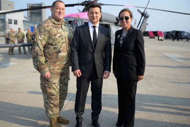 U.S. Army Maj. Gen. David Baldwin, left, adjutant general of the California National Guard; Volodymyr Zelenskyy, president of Ukraine, and California Lt. Gov. Eleni Kounalakis, visit the California Air National Guard’s 129th Rescue Wing at Moffett Air National Guard Base, California, Sept. 2, 2021. The California National Guard and Ukraine have been partners under the National Guard State Partnership Program since 1993 to develop and strengthen the strategic partnership between the United States and Ukraine. (U.S. Air National Guard photo by Senior Airman Duane Ramos)