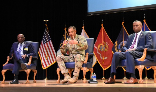 Gen. Michael X. Garrett, U.S. Army Forces Command Commanding General, answers questions from Fayetteville State University ROTC cadets during the 2nd North Carolina ROTC Roundtable.