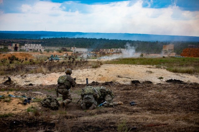 Paratroopers assigned to the 3rd Brigade Combat Team, 82nd Airborne Division engage in a Combined Arms Live Fire Exercise (CALFEX) on Fort Bragg, N.C., September 20, 2021. The CALFEX serves to sharpen tactical readiness in live fire situations. (U.S. Army photo by Pfc. Vincent Levelev)
