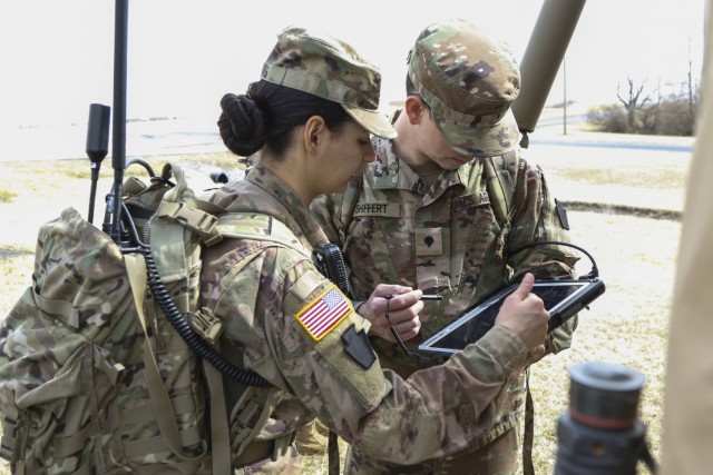 Sgt. Emily Rivas, a cryptologic linguist with the 103rd Brigade Engineer Battalion, 56th Stryker Brigade Combat Team, is one of eight Pennsylvania National Guard members training March 17, 2022, at Fort Indiantown Gap, Pennsylvania, on the new...
