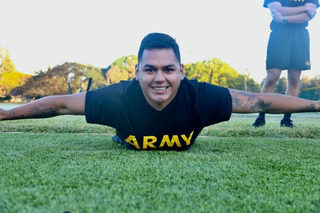 A Soldier assigned to Desmond T. Doss Army Health Clinic, Honolulu, performs hand-release pushups during an Army Combat Fitness Test. This type of exercise uses the glycolytic pathway described in the article.