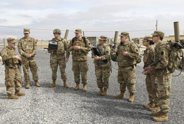 Pa. Guardsmen hold an after action review following their training March 17, 2022, at Fort Indiantown Gap, Pa., on the new Tactical Dismounted Electronic Warfare and Signals Intelligence (TDEWS) system, which filled a major gap in the training of...
