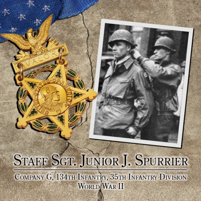 Army Staff Sgt. Junior James Spurrier of Company G, 134th Infantry Regiment, 35th Infantry Division, was awarded the Medal of Honor for his actions during World War II against the enemy at Achain, France, Nov. 13, 1944. (Graphic by Amy Givens,...