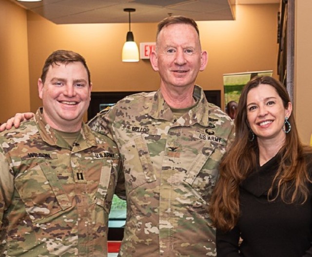 From left, AER Campaign Coordinator Capt. Hunter Wilson, Garrison Commander Col. Glenn Mellor, and Financial Readiness Program Manager Olivia Pierce attend the kickoff of the Army Emergency Relief annual fundraising campaign.