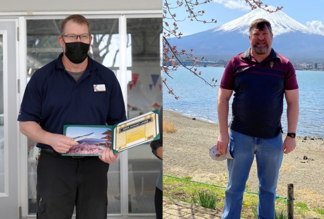 Justin Johnson, left, receives a prize for winning the male division in the "Biggest Loser" competition inside Yano Fitness Center at Camp Zama, Japan, March 23, 2022. In the photo to the right, Johnson is seen last year before he began...