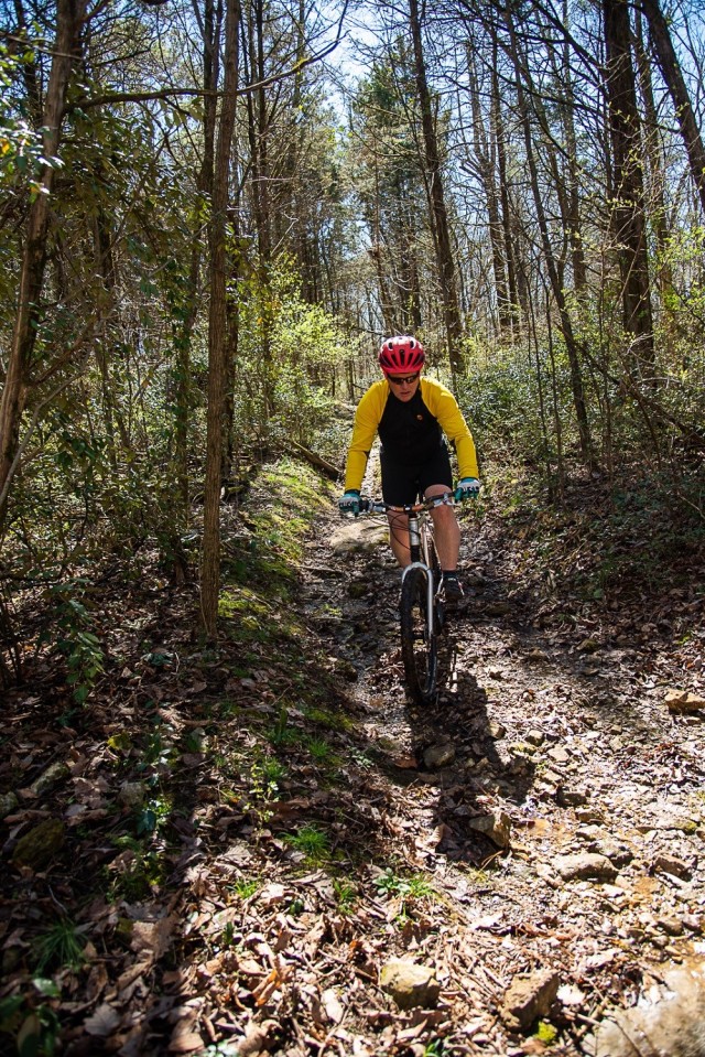 Mountain biker Jeff Lane rides on the Fox Connector trail on Redstone Arsenal