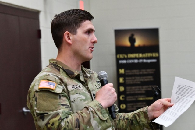 Cpt. Chad Beach, the MEDCoE Diversity, Equity and Inclusion (DEI) Center officer in charge and lead MEDCoE trainer on the Army&#39;s Transgender Policy, answers questions during the Voice to the Command listening session focused on the Army’s Transgender Policy.