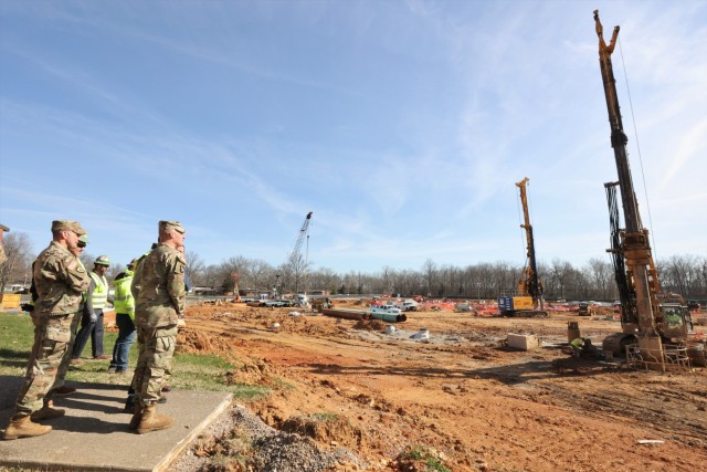 Commanding General of U.S. Army Cadet Command and Fort Knox Maj. Gen. Johnny Davis and Fort Knox Garrison Commander Col. Lance O’Bryan on March 28, 2022 view the construction site of the new Van Voorhis Elementary School.