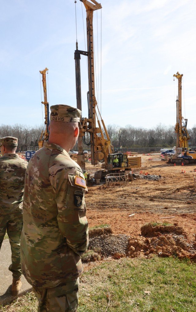 Commanding General of U.S. Army Cadet Command and Fort Knox Maj. Gen. Johnny Davis views ongoing construction of the new Van Voorhis Elementary School March 28, 2022.