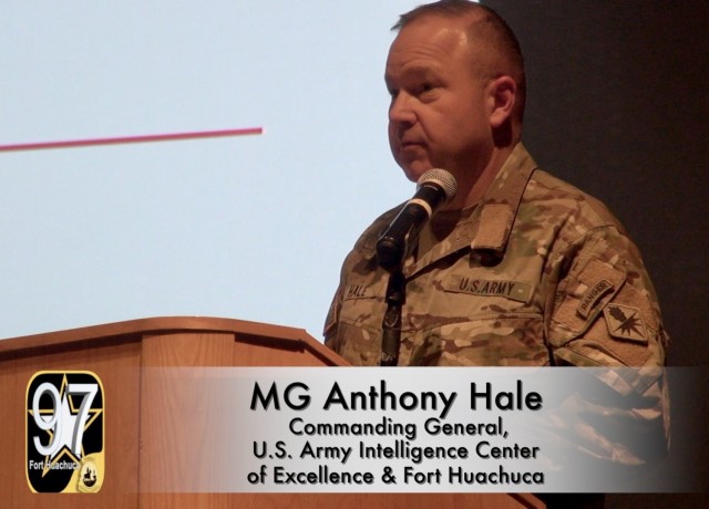 Maj. Gen. Anthony Hale, Commanding General, U.S. Army Intelligence Center of Excellence & Fort Huachuca speaks to those in attendance at a town hall meeting hosted by law enforcement officials that focused on issues related to the nearby U.S. -Mexico border.