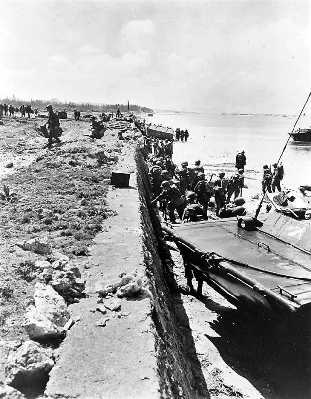 U.S. troops land on Okinawa April 1, 1945. 7ID was one of several divisions that comprised X Army, the force that landed on the beaches that day.