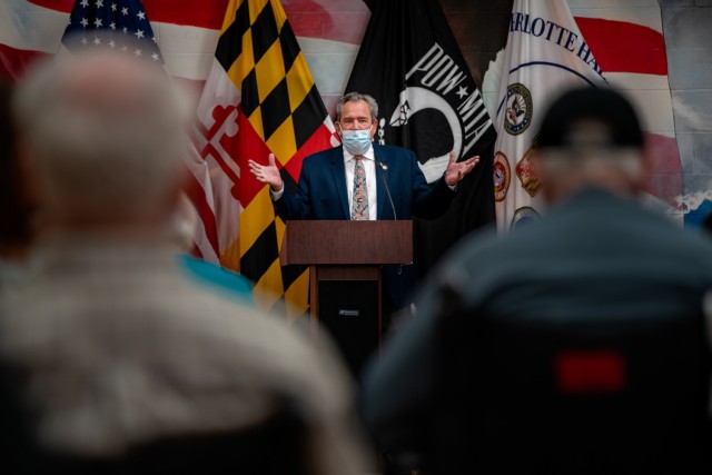 George W. Owings III, Secretary, Maryland Department of Veterans Affairs, gives a speech to an audience of Vietnam veterans during a 50th Vietnam War Commemoration at Charlotte Hall Veterans Home in southern Maryland. The veterans’ home, which...