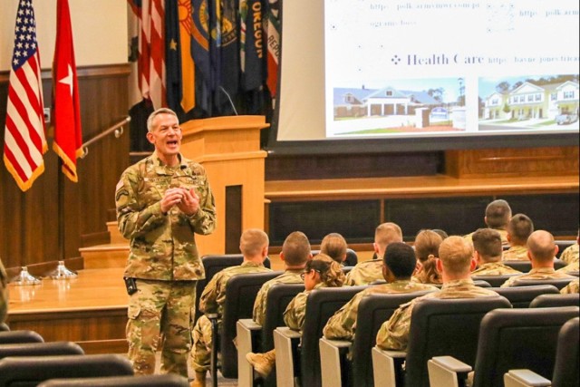 Brig. Gen. David Doyle, commanding general of the Joint Readiness Training Center and Fort Polk, Louisiana, speaks to Fort Leonard Wood personnel March 29 in Lincoln Hall Auditorium. Doyle visited Fort Leonard Wood this week as part of his “Winning the Fight for Talent” campaign. Like the Army’s updated talent management initiative, Doyle said his goal is to help ensure the right people – with the right skill sets – are aware of the available opportunities at Fort Polk and the JRTC, whose mission is to train and deploy combat and combat support units.
