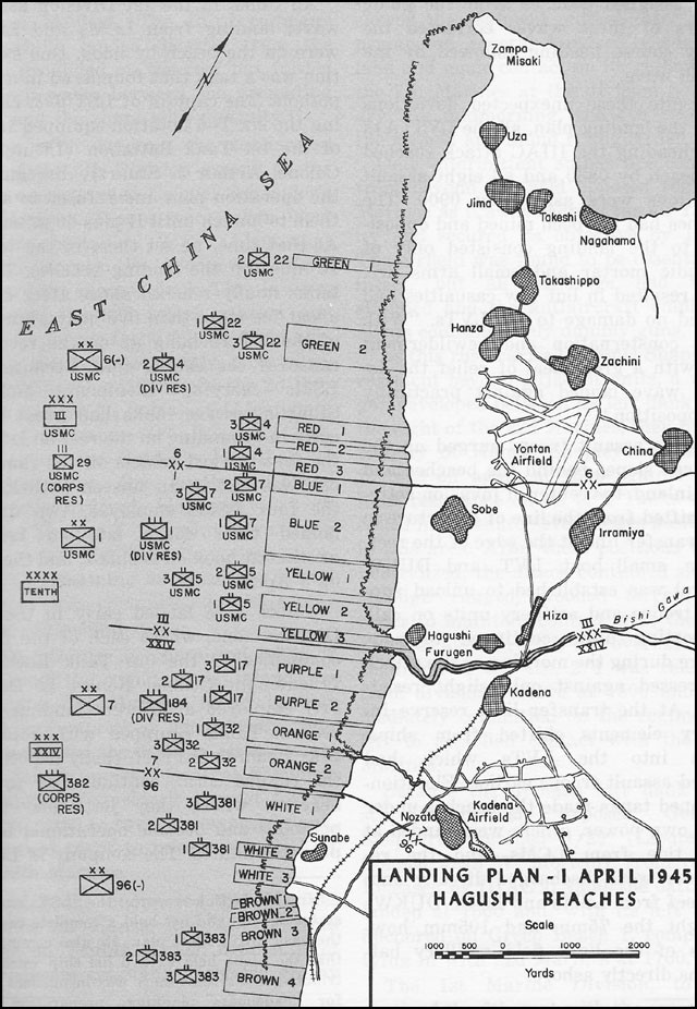Landing plan at Hagushi Beaches on Okinawa during Operation Downfall April 1, 1945. 
