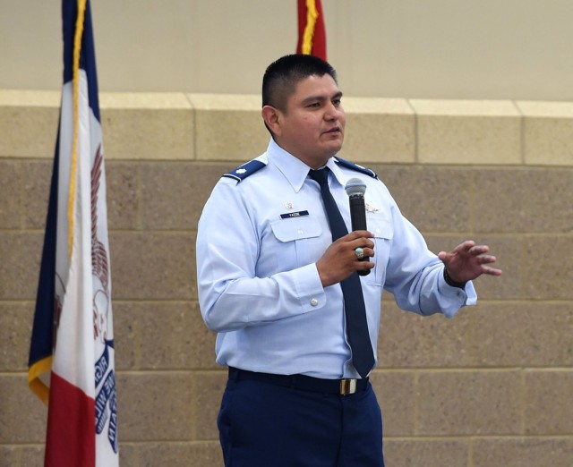 Col. Lawrence Yazzie, the new director of the National Guard Bureau&#39;s Office of Diversity, Equity and Inclusion, addresses a crowd at a symposium in Iowa in 2018. Yazzie grew up on a Navajo reservation in Arizona, played basketball at the Air Force Academy and commanded the Iowa Air Guard’s 168th Cyberspace Squadron.

