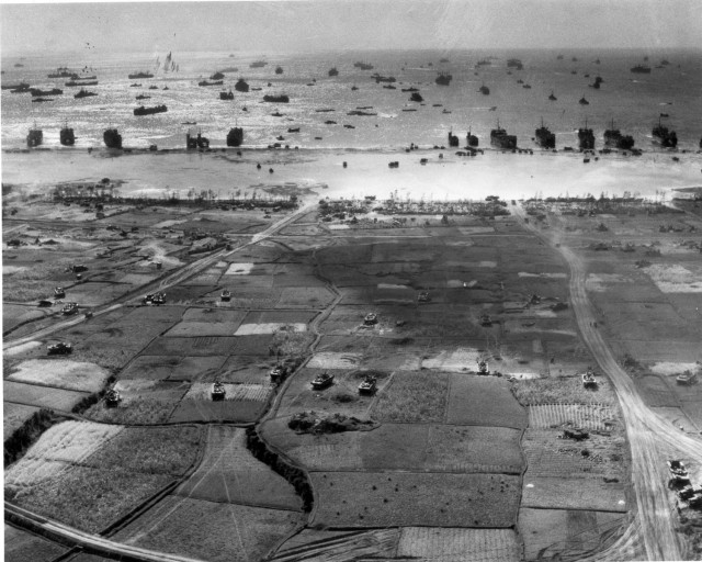 Aerial photo of the invasion of Okinawa, April 1, 1945. 