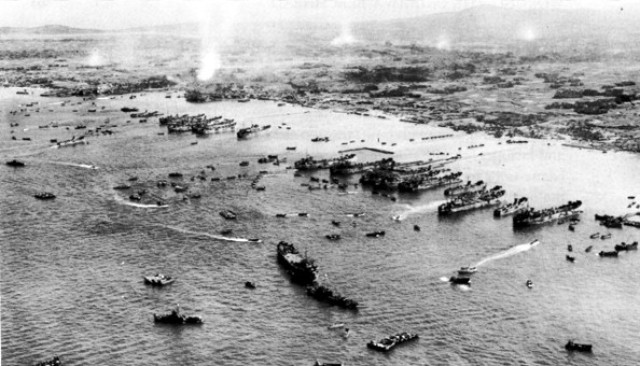 Aerial photo of the invasion of Okinawa, April 1, 1945. 