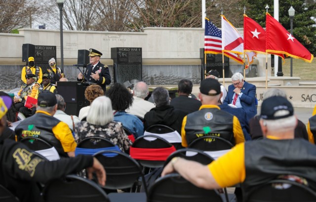 Lt. Gen. Donnie Walker, Army Materiel Command deputy commanding general and Redstone Arsenal senior commander, speaks to about 250 Vietnam veterans, family members and other attendees during the 10th annual Vietnam Veterans Day Celebration at the Huntsville-Madison County Veterans Memorial March 29.  More than 250 people attended the event. 