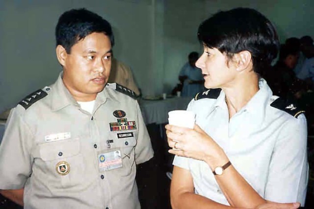Col. Coral Wong Pietsch talks with Capt. Jeavy Resurreccion of the Philippine army during the planning conference for BALIKATAN 95. Pietsch has been nominated for promotion to brigadier general. If the Senate confirms her, she would be the first...