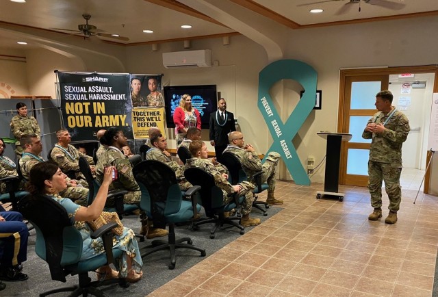 Maj. Gen. Joe Ryan, Commanding General 25th Infantry Division and Senior Commander U.S. Army Hawaii addresses Soldiers, Civilians, guests and SHARP staff at the opening and lei-untying ceremony for the new SHARP Fusion Directorate at Schofield Barracks. 