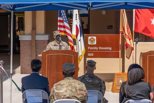 U.S. Army Garrison Daegu Garrison Commander Col. Brian P. Schoellhorn addresses the crowd during the opening ceremony of a new Army Family Housing complex at Camp Walker, Republic of Korea, April 4, 2022. The newly-constructed Goguryeo Tower contains 90 apartment units which will provide housing to the USAG Daegu community.