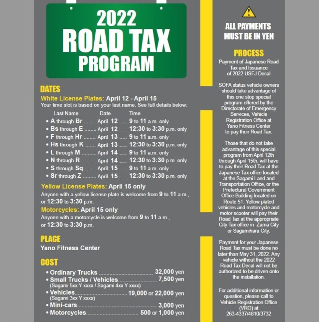 The one-stop road tax programme, which is offered by the Vehicle Registration Office, will be conducted at the Yano Fitness Center during the time slot based on the last names.