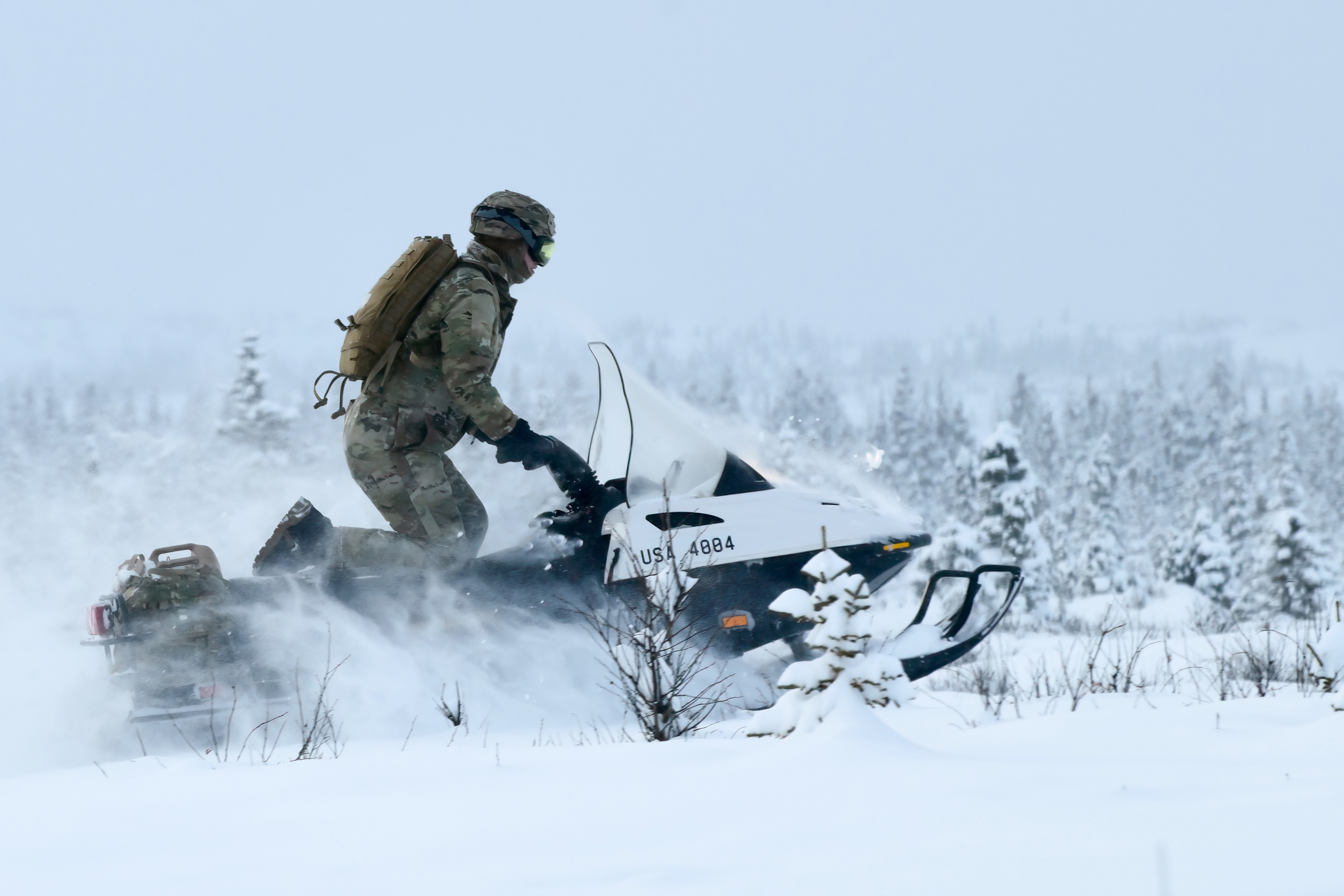 Army Spc. Josh Wyant conducts a patrol prior to a cold weather readiness training exercise at the Donnelly Training Area, Alaska, March 11, 2021.
