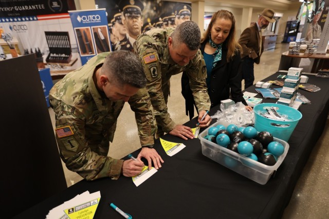 Fort Knox Garrison Commander Col. Lance O’Bryan and Garrison Command Sgt. Maj. William Fogle join installation sexual assault response coordinator Ella Foley April 6, 2022 to sign prevention pledges for Sexual Assault Awareness and Prevention...